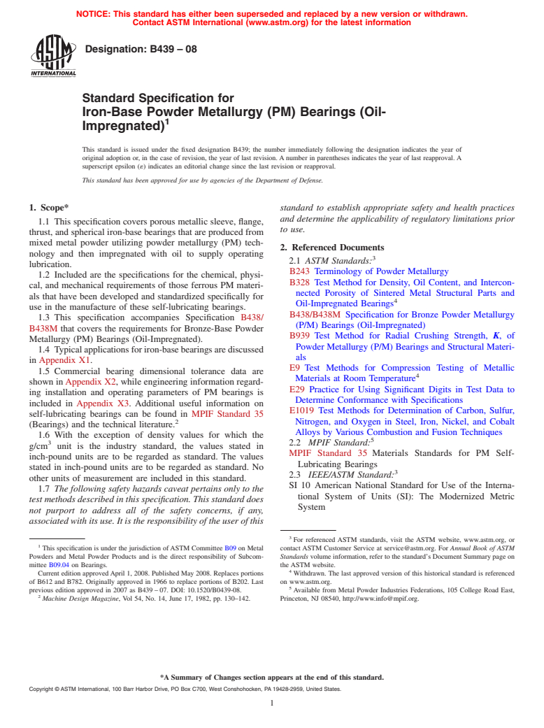 ASTM B439-08 - Standard Specification for Iron-Base Powder Metallurgy (PM) Bearings (Oil-Impregnated)