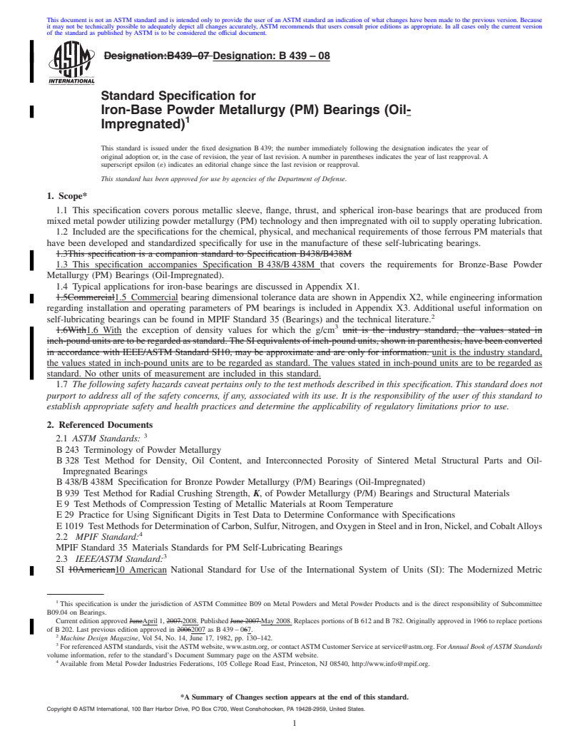 REDLINE ASTM B439-08 - Standard Specification for Iron-Base Powder Metallurgy (PM) Bearings (Oil-Impregnated)