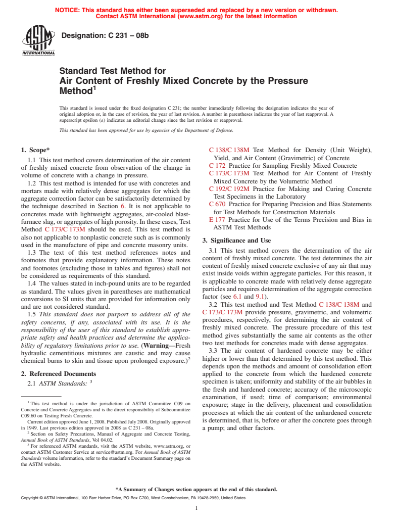 ASTM C231-08b - Standard Test Method for  Air Content of Freshly Mixed Concrete by the Pressure Method