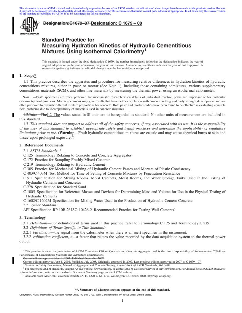 REDLINE ASTM C1679-08 - Standard Practice for Measuring Hydration Kinetics of Hydraulic Cementitious Mixtures Using Isothermal Calorimetry