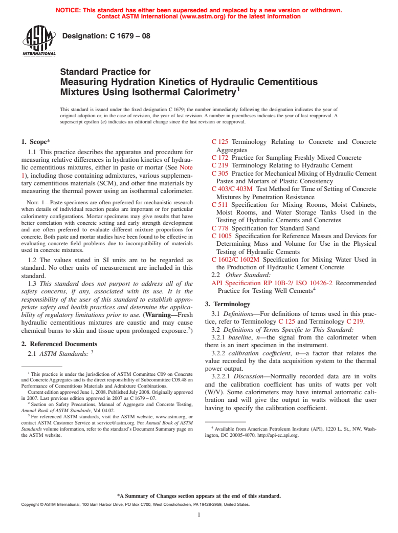 ASTM C1679-08 - Standard Practice for Measuring Hydration Kinetics of Hydraulic Cementitious Mixtures Using Isothermal Calorimetry