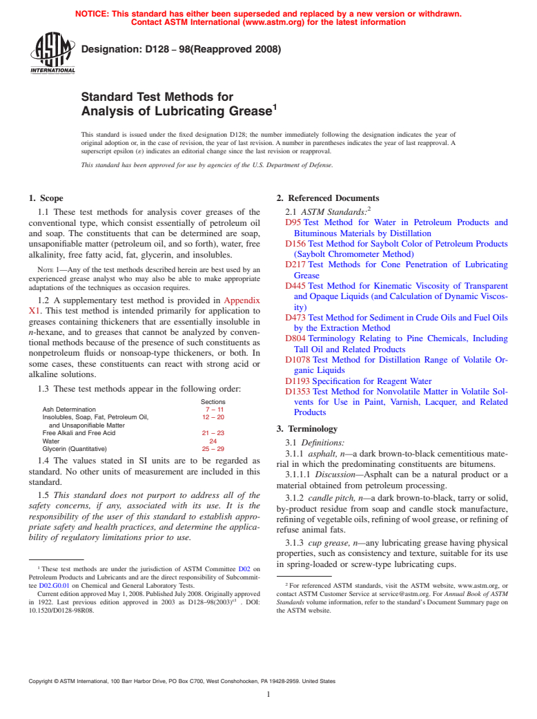 ASTM D128-98(2008) - Standard Test Methods for Analysis of Lubricating Grease