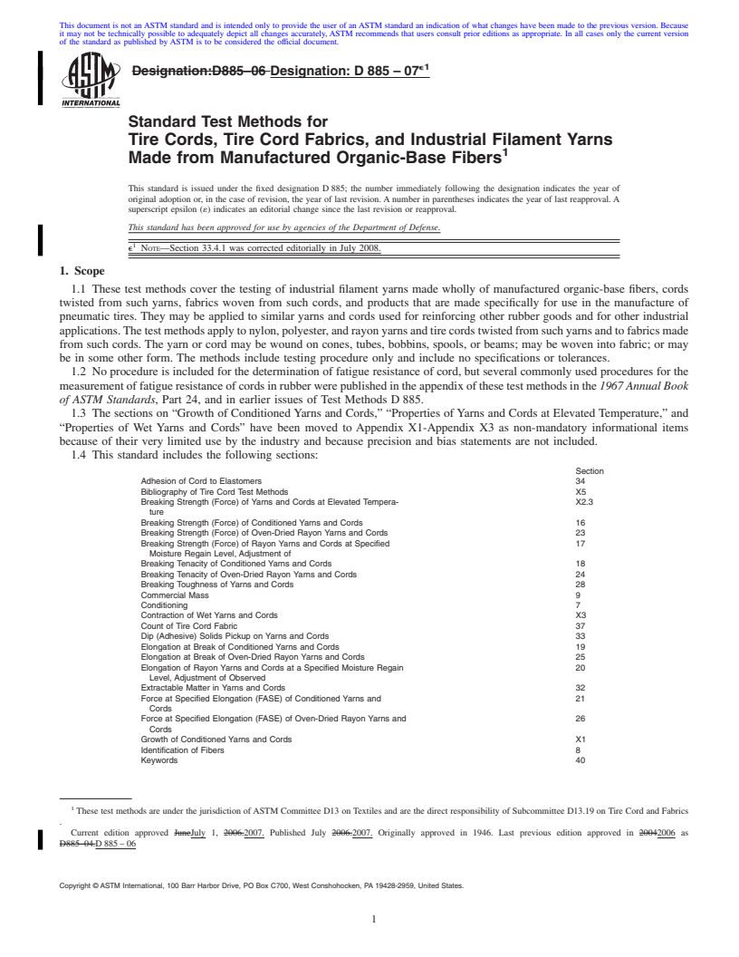 REDLINE ASTM D885-07e1 - Standard Test Methods for Tire Cords, Tire Cord Fabrics, and Industrial Filament Yarns Made from Manufactured Organic-Base Fibers