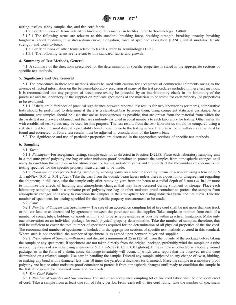 REDLINE ASTM D885-07e1 - Standard Test Methods for Tire Cords, Tire Cord Fabrics, and Industrial Filament Yarns Made from Manufactured Organic-Base Fibers