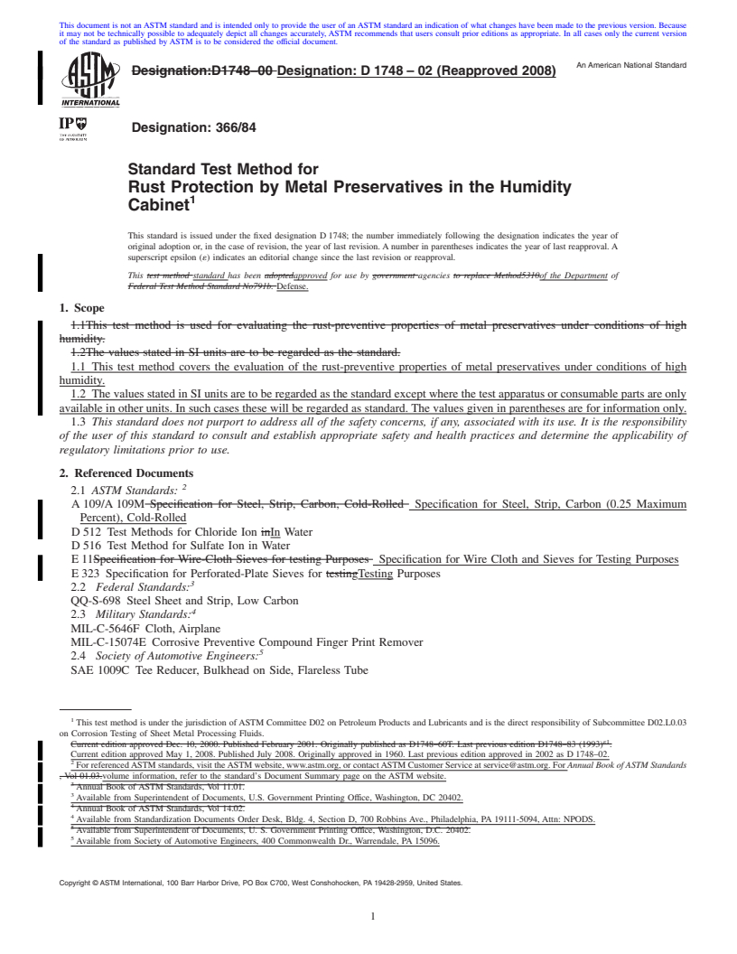 REDLINE ASTM D1748-02(2008) - Standard Test Method for Rust Protection by Metal Preservatives in the Humidity Cabinet