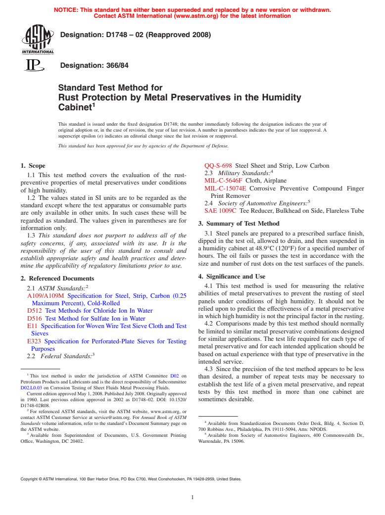 ASTM D1748-02(2008) - Standard Test Method for Rust Protection by Metal Preservatives in the Humidity Cabinet