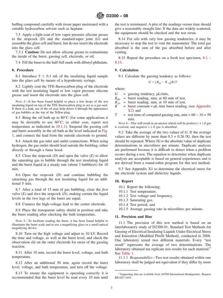 ASTM D2300-08 - Standard Test Method for  Gassing of Electrical Insulating Liquids Under Electrical Stress and Ionization (Modified Pirelli Method)