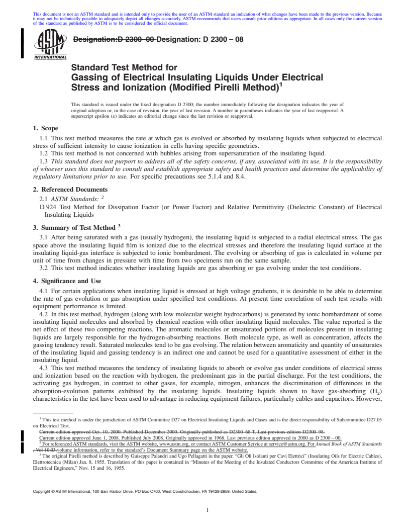 REDLINE ASTM D2300-08 - Standard Test Method for  Gassing of Electrical Insulating Liquids Under Electrical Stress and Ionization (Modified Pirelli Method)