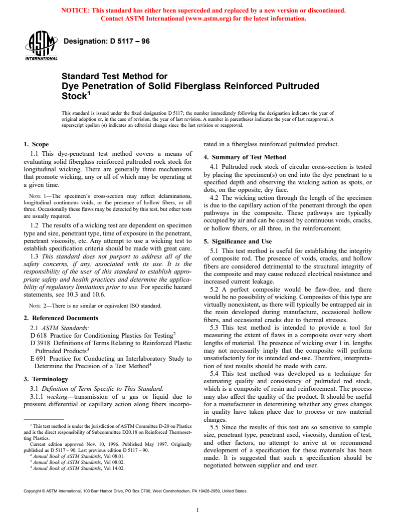 ASTM D5117-96 - Standard Test Method for Dye Penetration of Solid Fiberglass Reinforced Pultruded Stock