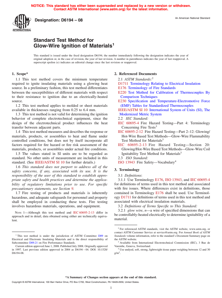 ASTM D6194-08 - Standard Test Method for Glow-Wire Ignition of Materials