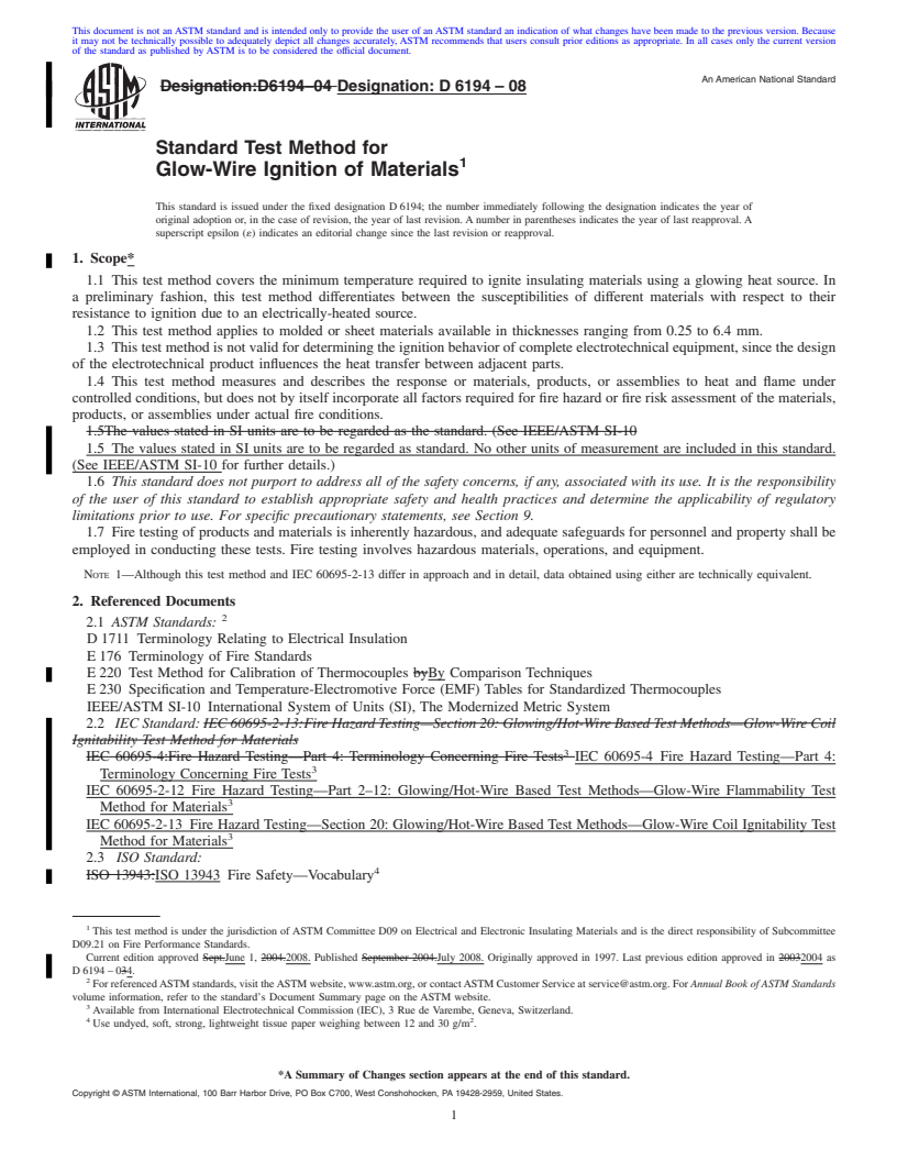 REDLINE ASTM D6194-08 - Standard Test Method for Glow-Wire Ignition of Materials