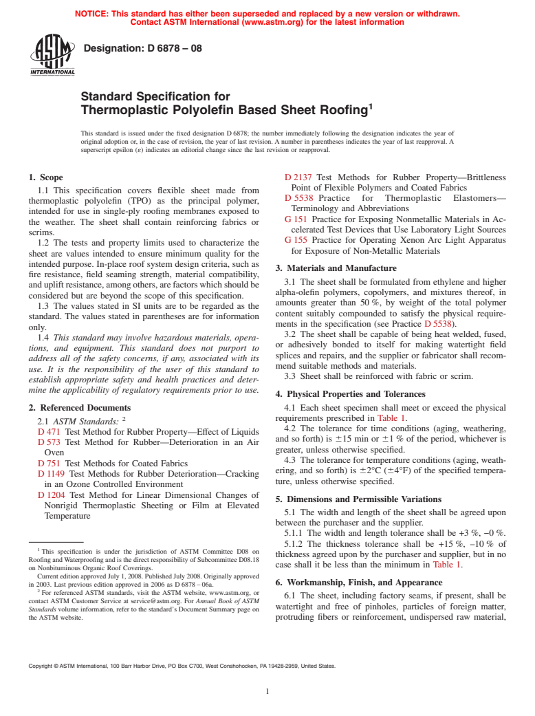 ASTM D6878-08 - Standard Specification for Thermoplastic Polyolefin Based Sheet Roofing