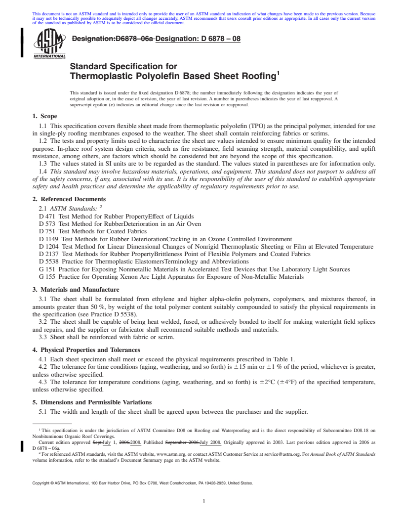 REDLINE ASTM D6878-08 - Standard Specification for Thermoplastic Polyolefin Based Sheet Roofing