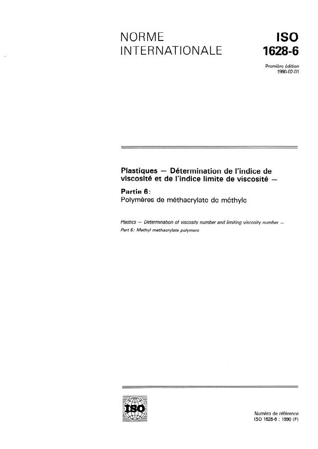 ISO 1628-6:1990 ISO 1628-6:1990 - Plastiques -- Détermination de l'indice de viscosité et de l'indice limite de viscosité - Page 1 preview