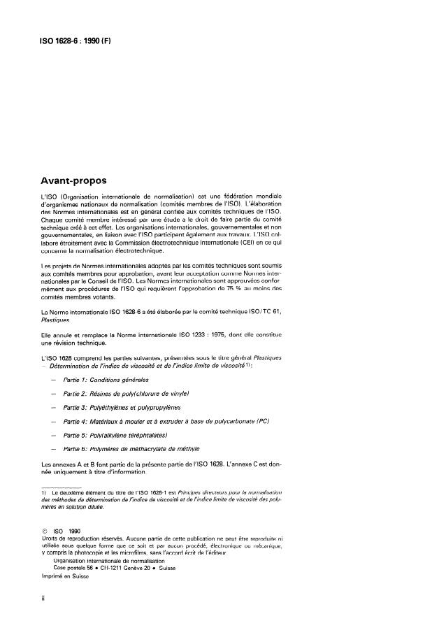 ISO 1628-6:1990 ISO 1628-6:1990 - Plastiques -- Détermination de l'indice de viscosité et de l'indice limite de viscosité - Page 2 preview