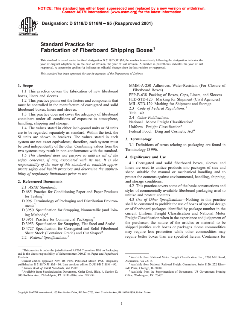 ASTM D5118/D5118M-95(2001) - Standard Practice for Fabrication of Fiberboard Shipping Boxes