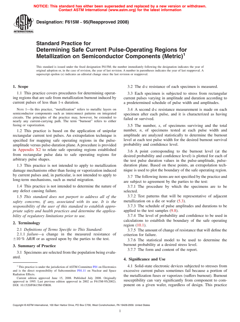 ASTM F615M-95(2008) - Standard Practice for  Determining Safe Current Pulse-Operating Regions for Metallization on Semiconductor Components (Metric)