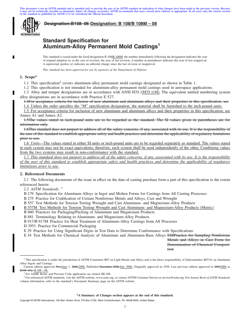 REDLINE ASTM B108/B108M-08 - Standard Specification for  Aluminum-Alloy Permanent Mold Castings