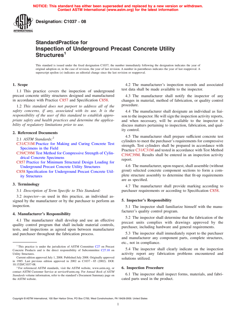 ASTM C1037-08 - Standard Practice for Inspection of Underground Precast Concrete Utility Structures