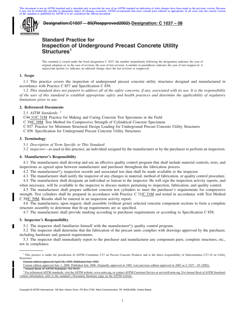 REDLINE ASTM C1037-08 - Standard Practice for Inspection of Underground Precast Concrete Utility Structures