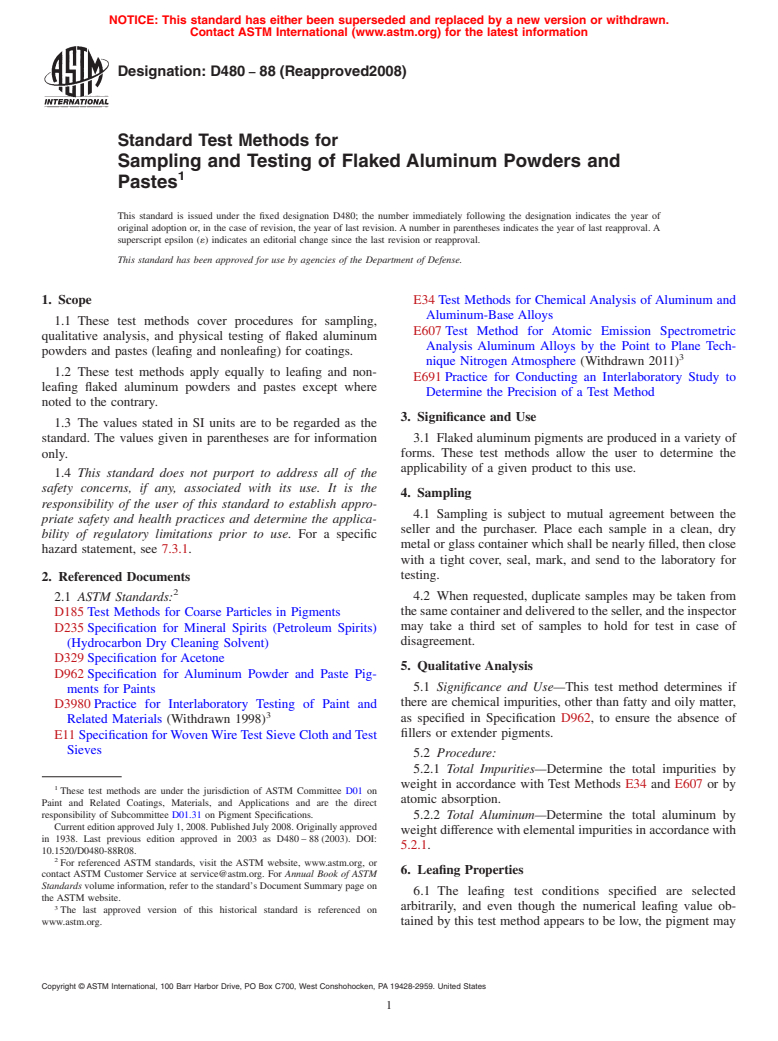 ASTM D480-88(2008) - Standard Test Methods for Sampling and Testing of Flaked Aluminum Powders and Pastes