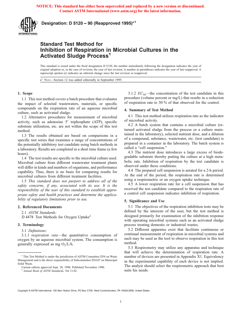 ASTM D5120-90(1995)e1 - Standard Test Method for Inhibition of Respiration in Microbial Cultures in the Activated Sludge Process