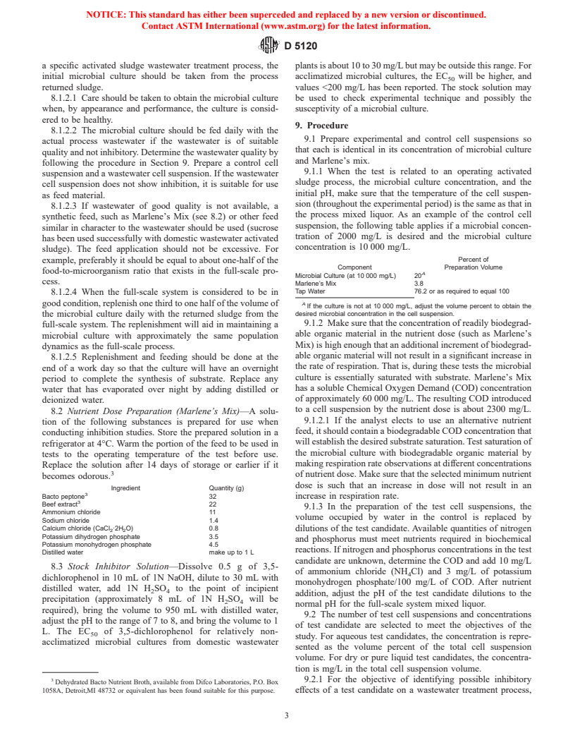 ASTM D5120-90(1995)e1 - Standard Test Method for Inhibition of Respiration in Microbial Cultures in the Activated Sludge Process