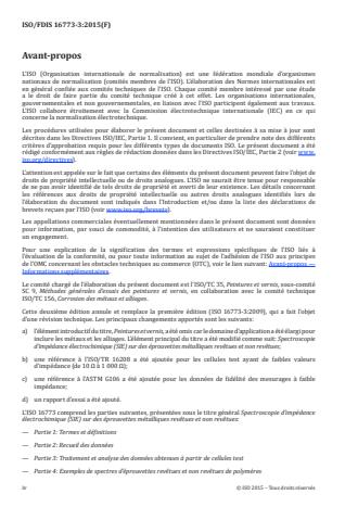 ISO 16773-3:2016 ISO 16773-3:2016 - Spectroscopie d'impédance électrochimique (SIE) sur des éprouvettes métalliques revetues et non revetues - Page 4 preview