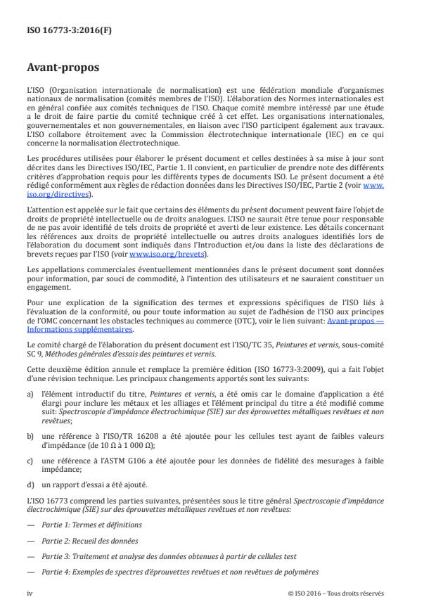 ISO 16773-3:2016 ISO 16773-3:2016 - Spectroscopie d'impédance électrochimique (SIE) sur des éprouvettes métalliques revêtues et non revêtues - Page 4 preview