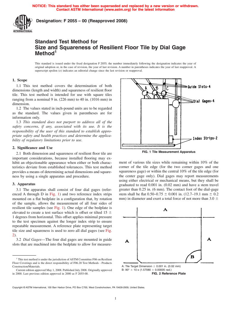 ASTM F2055-00(2008) - Standard Test Method for  Size and Squareness of Resilient Floor Tile by Dial Gage Method