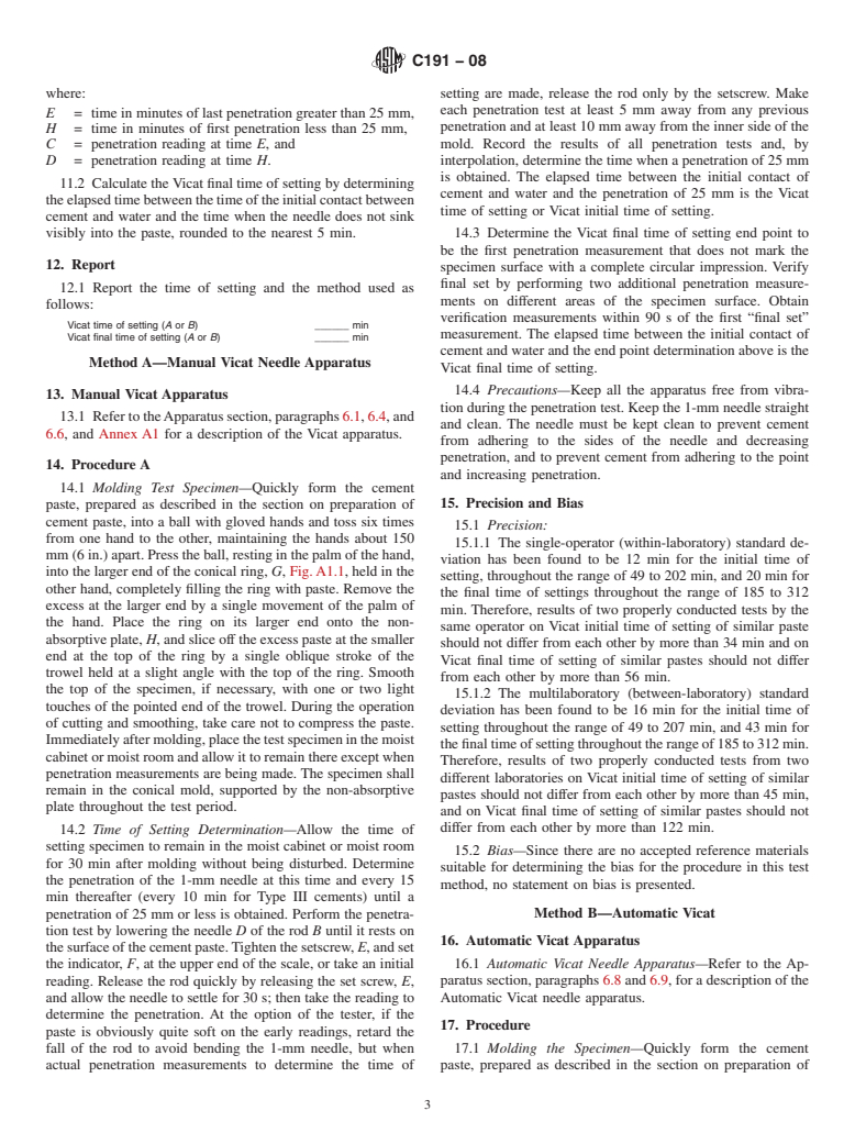 ASTM C191-08 - Standard Test Methods for  Time of Setting of Hydraulic Cement by Vicat Needle