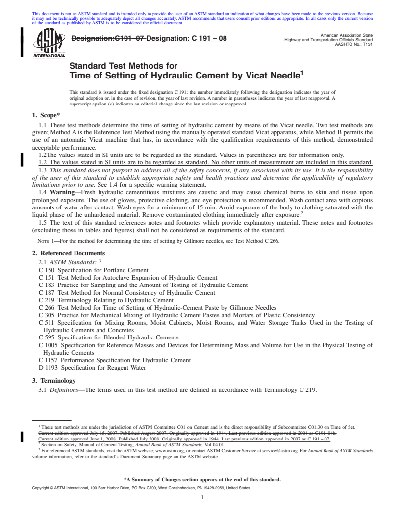 REDLINE ASTM C191-08 - Standard Test Methods for  Time of Setting of Hydraulic Cement by Vicat Needle