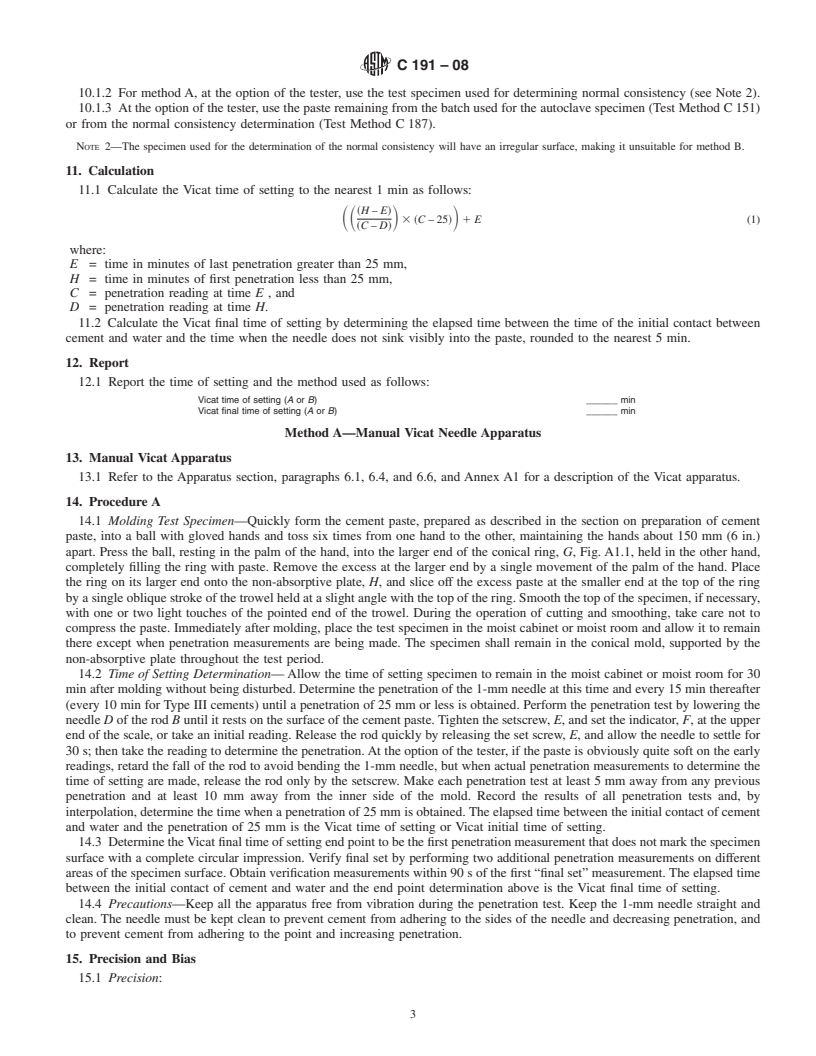 REDLINE ASTM C191-08 - Standard Test Methods for  Time of Setting of Hydraulic Cement by Vicat Needle