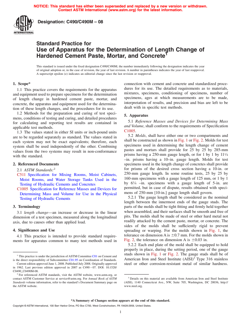 ASTM C490/C490M-08 - Standard Practice for Use of Apparatus for the Determination of Length Change of Hardened Cement Paste, Mortar, and Concrete