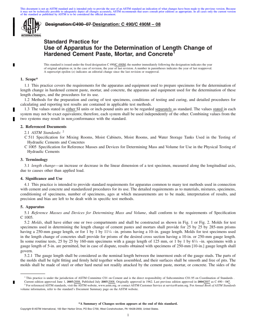 REDLINE ASTM C490/C490M-08 - Standard Practice for Use of Apparatus for the Determination of Length Change of Hardened Cement Paste, Mortar, and Concrete