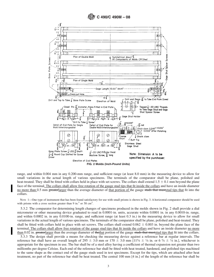 REDLINE ASTM C490/C490M-08 - Standard Practice for Use of Apparatus for the Determination of Length Change of Hardened Cement Paste, Mortar, and Concrete