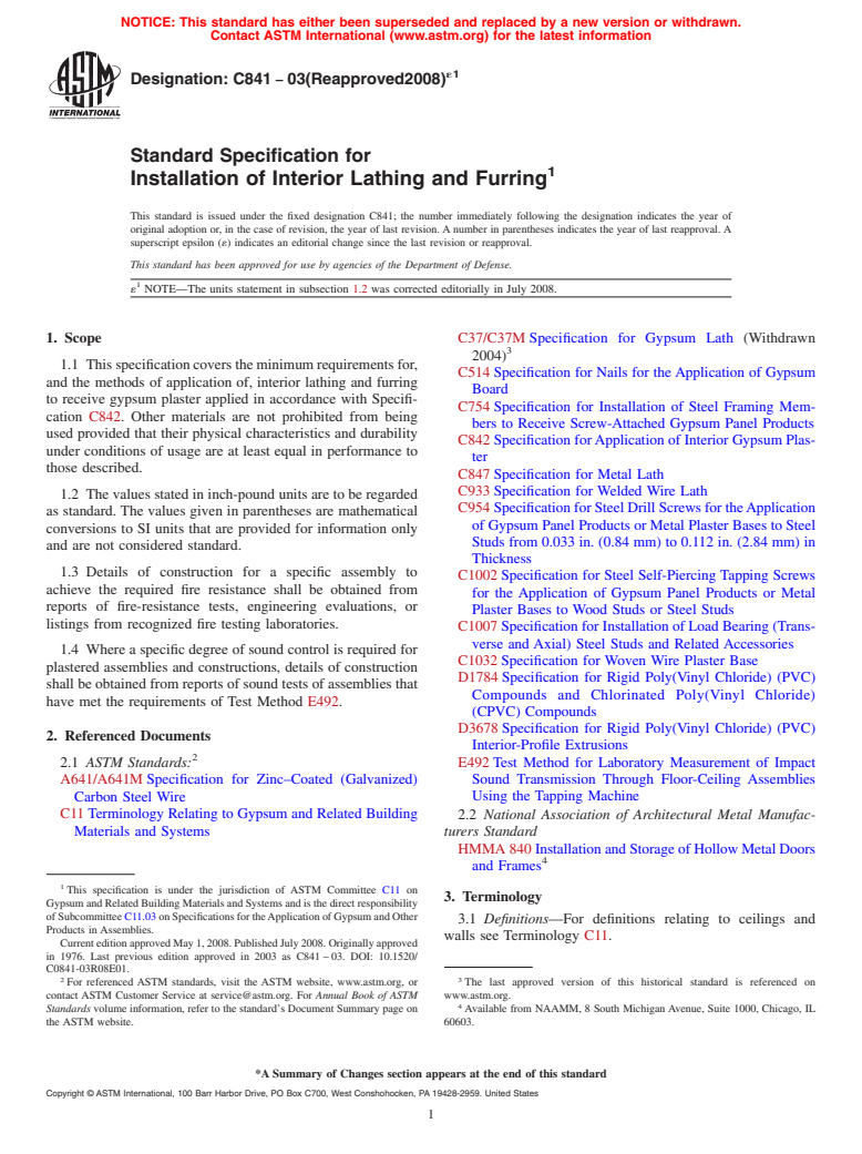 ASTM C841-03(2008)e1 - Standard Specification for  Installation of Interior Lathing and Furring