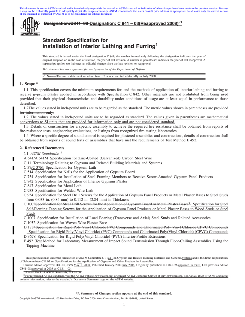 REDLINE ASTM C841-03(2008)e1 - Standard Specification for  Installation of Interior Lathing and Furring