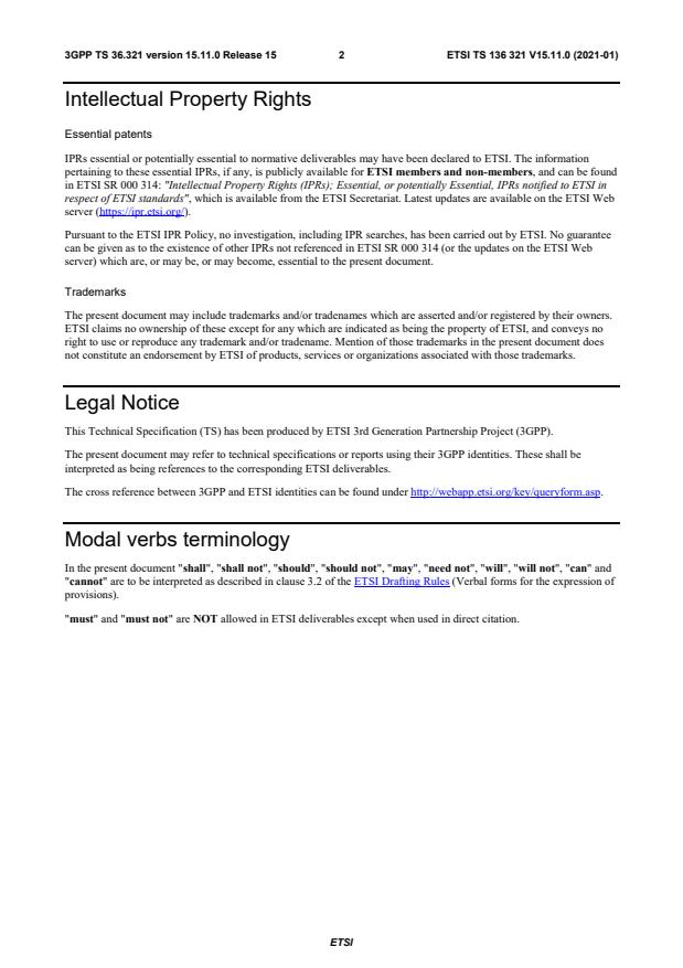 ETSI TS 136 321 V15.11.0 (2021-01) - LTE; Evolved Universal Terrestrial Radio Access (E-UTRA); Medium Access Control (MAC) protocol specification (3GPP TS 36.321 version 15.11.0 Release 15)
