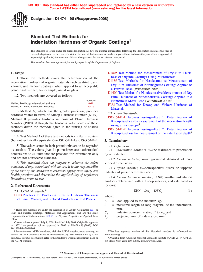 ASTM D1474-98(2008) - Standard Test Methods for  Indentation Hardness of Organic Coatings