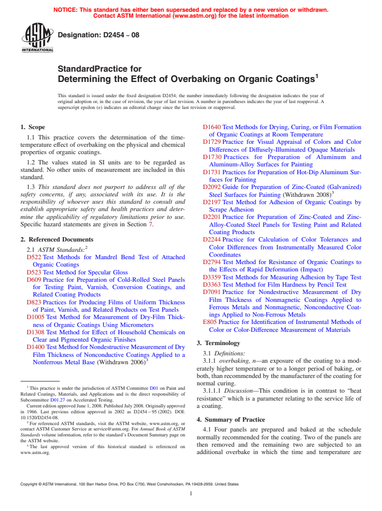 ASTM D2454-08 - Standard Practice for  Determining the Effect of Overbaking on Organic Coatings