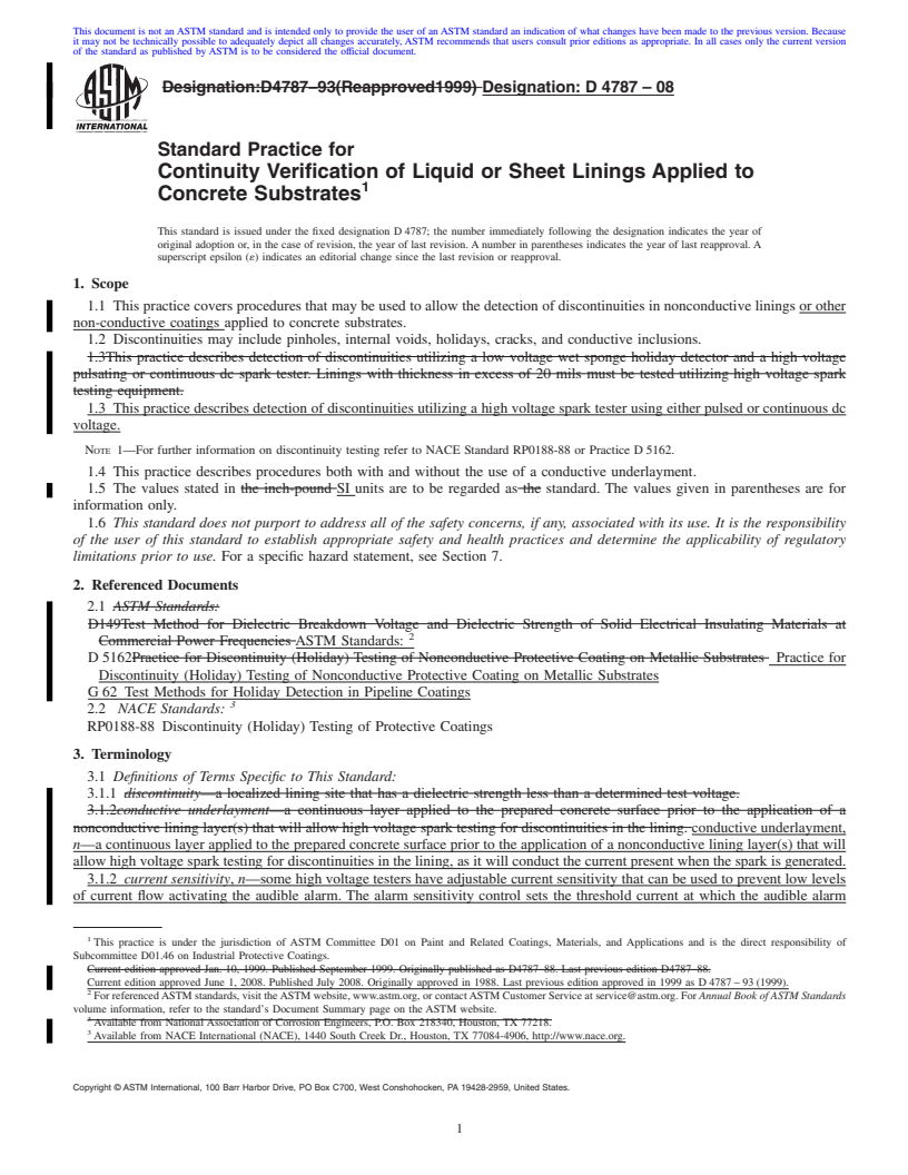 REDLINE ASTM D4787-08 - Standard Practice for Continuity Verification of Liquid or Sheet Linings Applied to Concrete Substrates