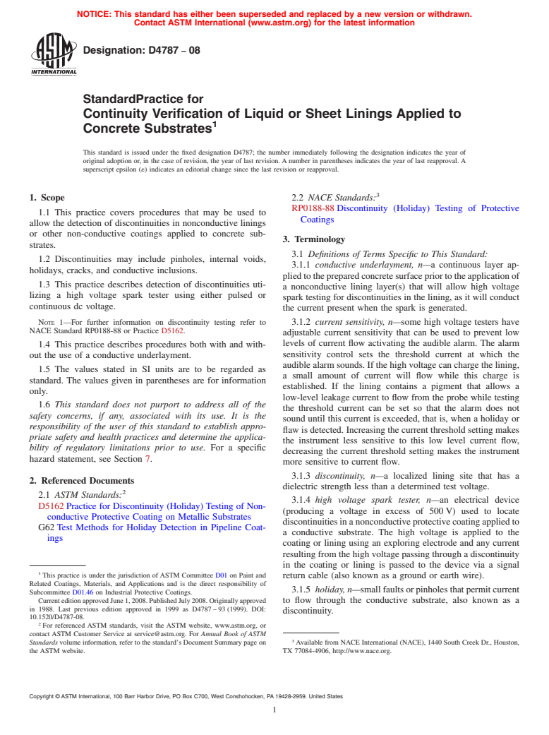 ASTM D4787-08 - Standard Practice for Continuity Verification of Liquid or Sheet Linings Applied to Concrete Substrates