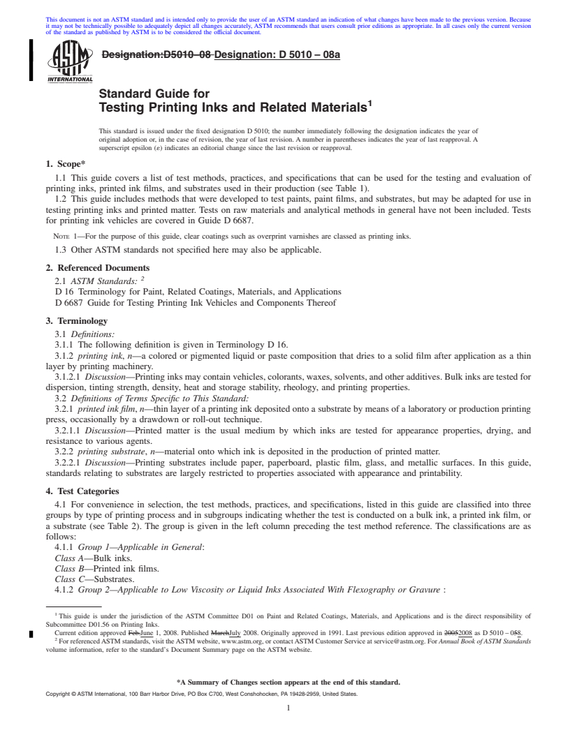 REDLINE ASTM D5010-08a - Standard Guide for Testing Printing Inks and Related Materials