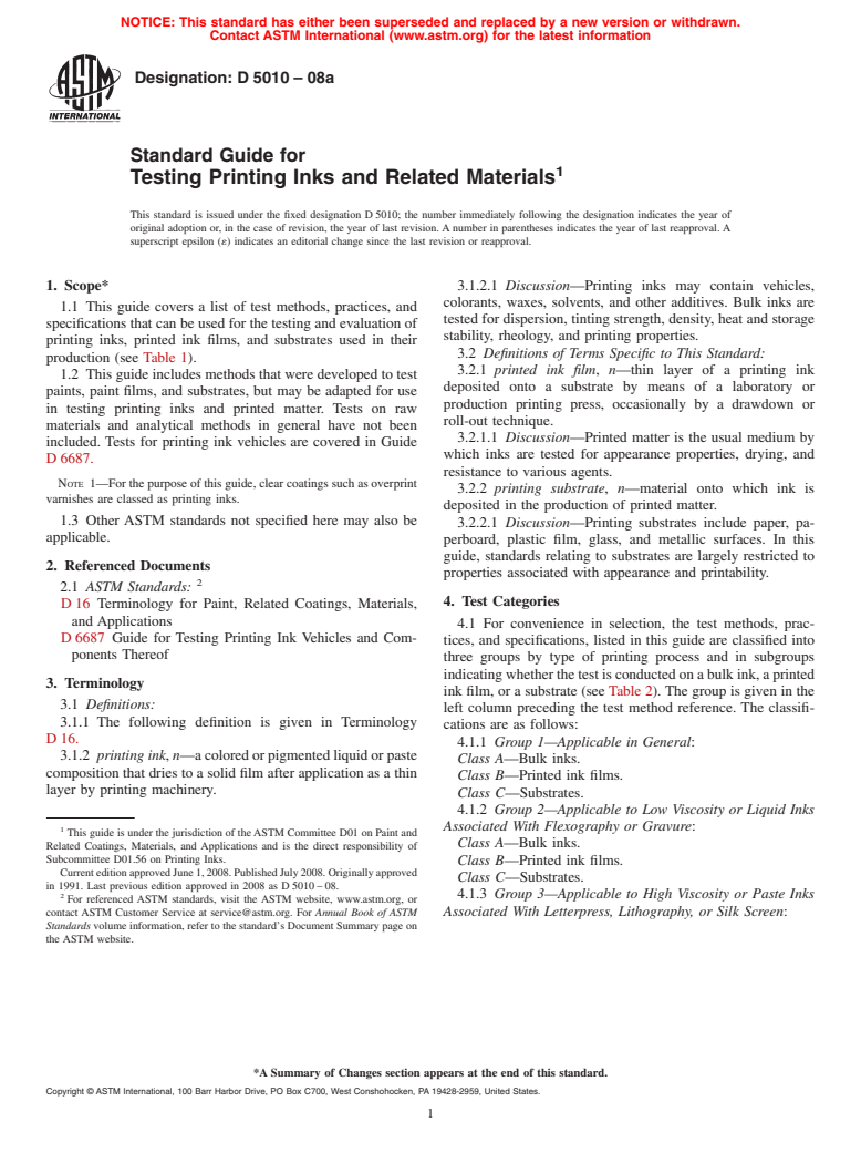 ASTM D5010-08a - Standard Guide for Testing Printing Inks and Related Materials