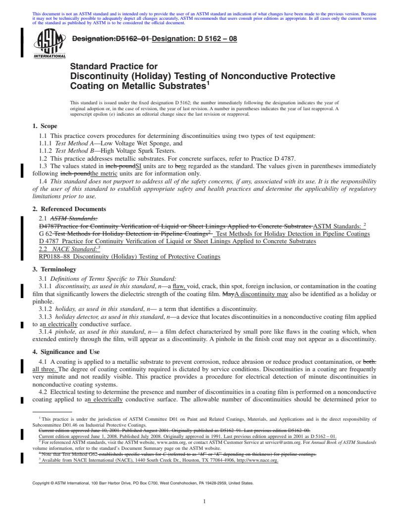 REDLINE ASTM D5162-08 - Standard Practice for Discontinuity (Holiday) Testing of Nonconductive Protective Coating  on Metallic Substrates