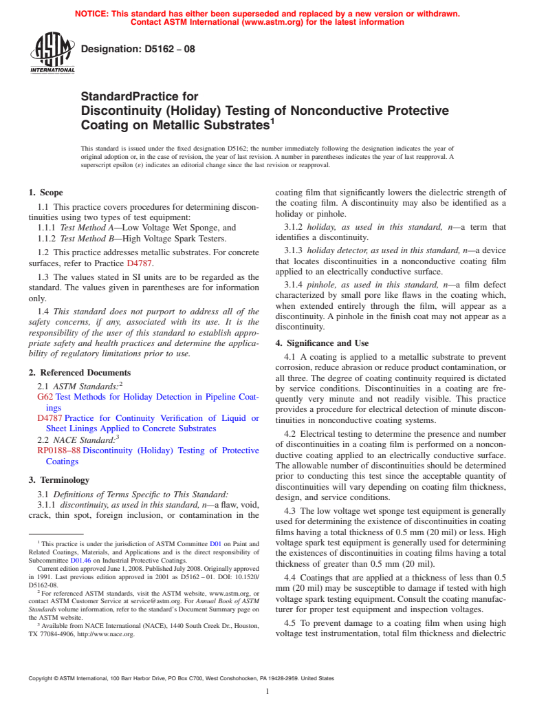 ASTM D5162-08 - Standard Practice for Discontinuity (Holiday) Testing of Nonconductive Protective Coating  on Metallic Substrates