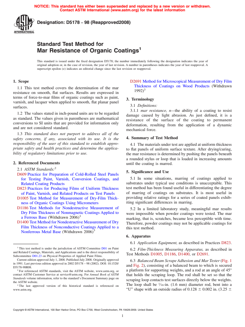 ASTM D5178-98(2008) - Standard Test Method for Mar Resistance of Organic Coatings