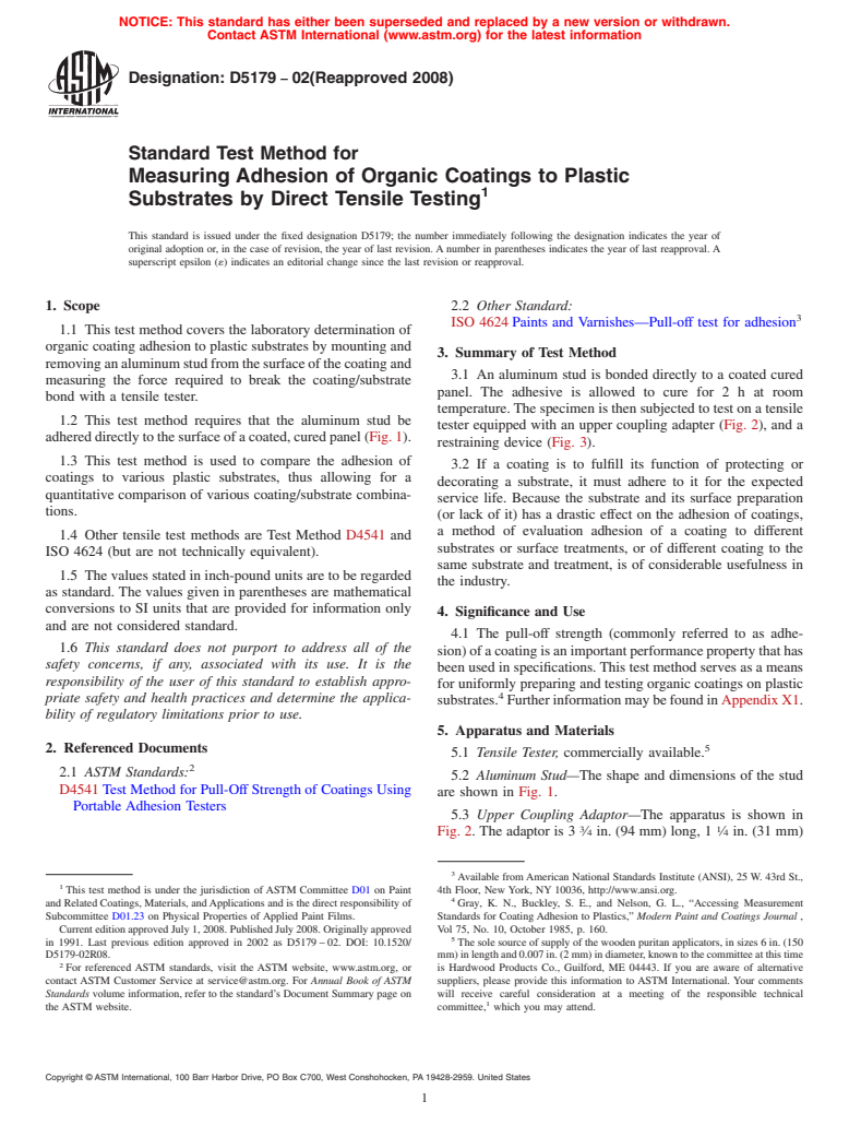 ASTM D5179-02(2008) - Standard Test Method for  Measuring Adhesion of Organic Coatings to Plastic Substrates by Direct Tensile Testing