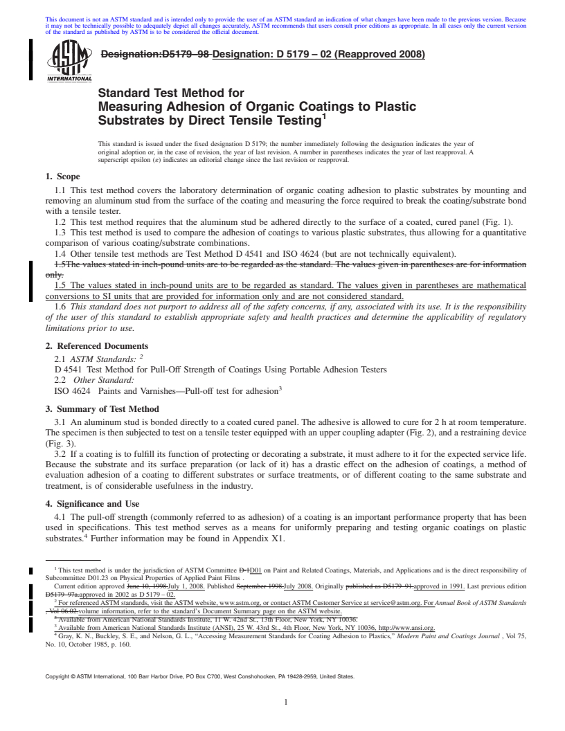 REDLINE ASTM D5179-02(2008) - Standard Test Method for  Measuring Adhesion of Organic Coatings to Plastic Substrates by Direct Tensile Testing